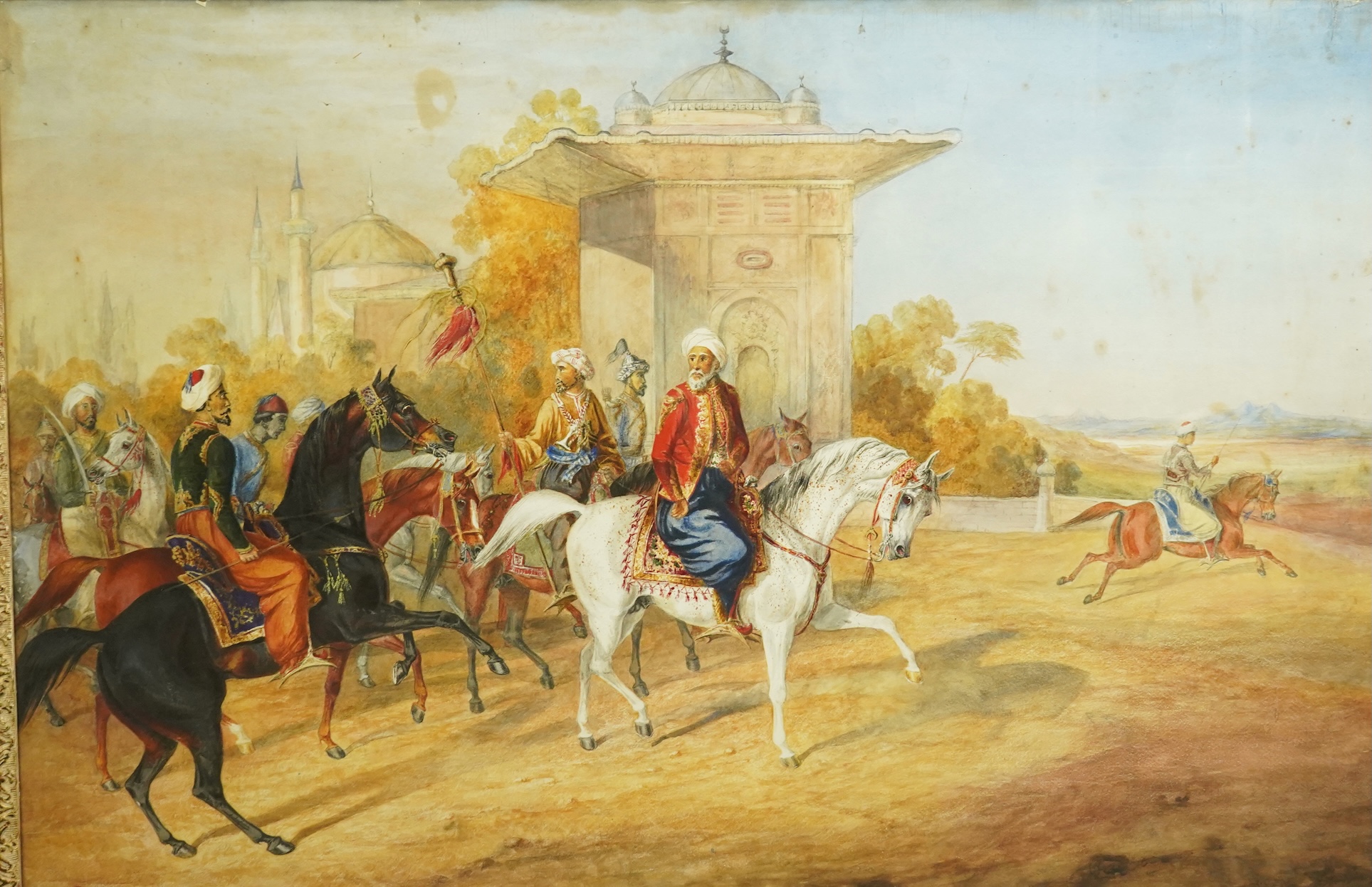 Follower of John Alexander Harrington Bird (English, 1846-1936), Ali Pasha Mohamed Sherif entering Cairo, watercolour, 64 x 97cm